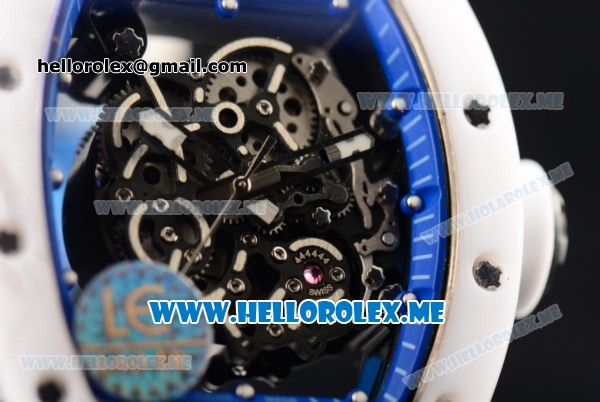 Richard Mille RM 055 Bubba Watson Asia Manual Winding Ceramic/Steel Case with Skeleton Dial and White Rubber Strap Blue Inner Bezel - 1:1 Original - Click Image to Close